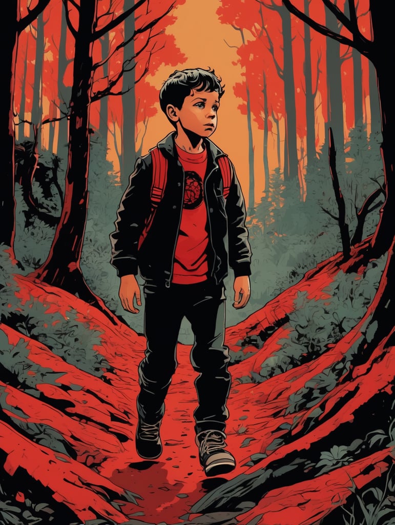 little boy lost in the forest in the style of Francesco Francavilla, red and black colors, bright colors,