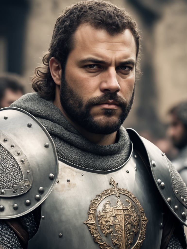 Portrait of a burly medieval knight, no helmet, good, handsome