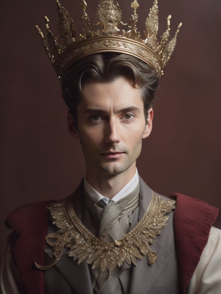 Oil portrait of miles edgeworth, intricate, elegant, highly detailed, lighting, painting, artstation, smooth, illustration, art by greg rutowski and alphonse mucha, david tennant king, david tennant with a crown sits on a throne, france, 1952 year