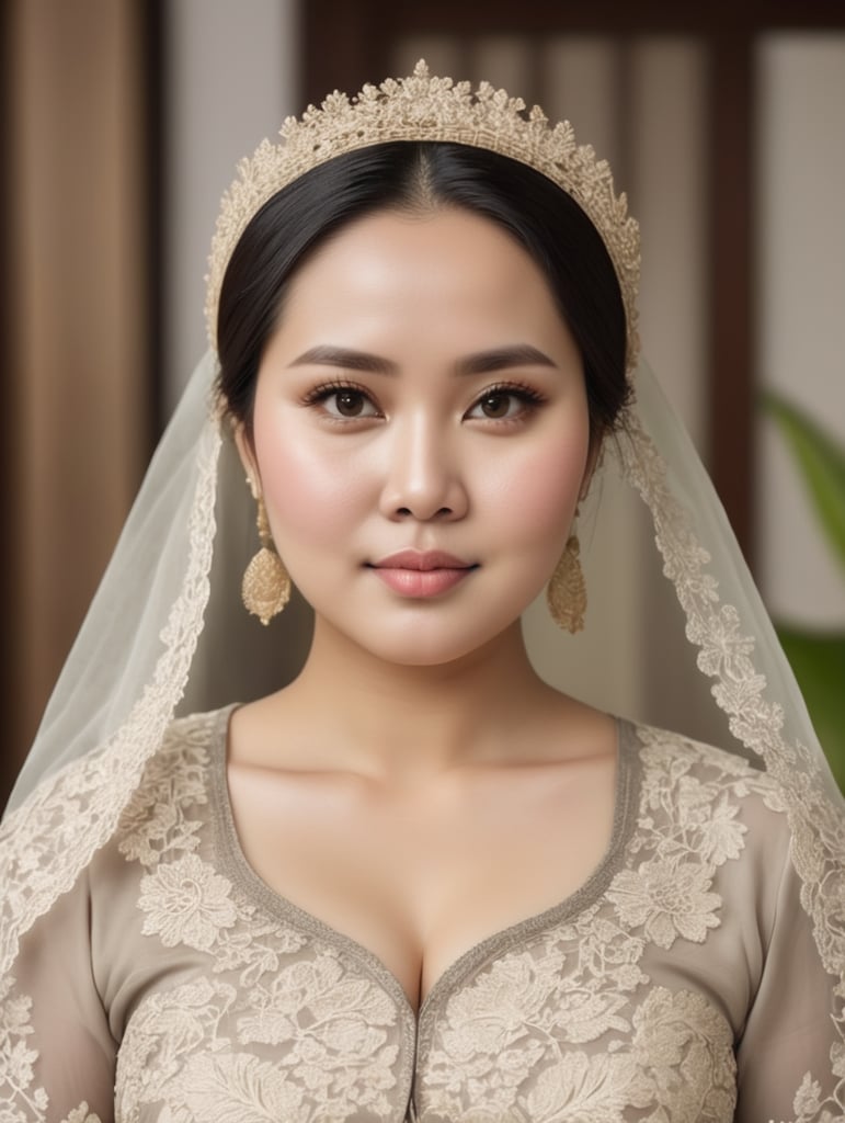 An Indonesian woman is slightly fat, chubby cheeks, flat nose, Slightly oval face shape,wearing a kebaya,No make up, white skin