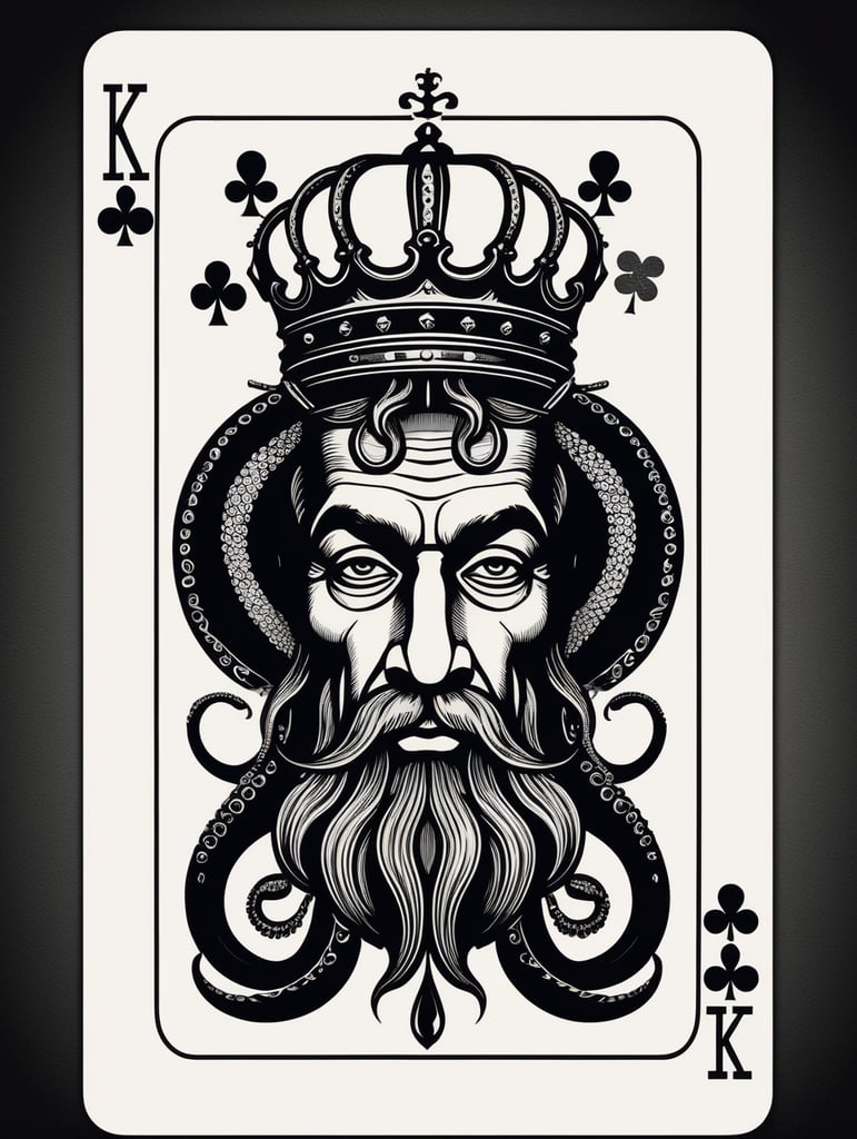 king octopus of clubs playing card, face card, linocut art style, black ink, ultra realism, simple lines, vector