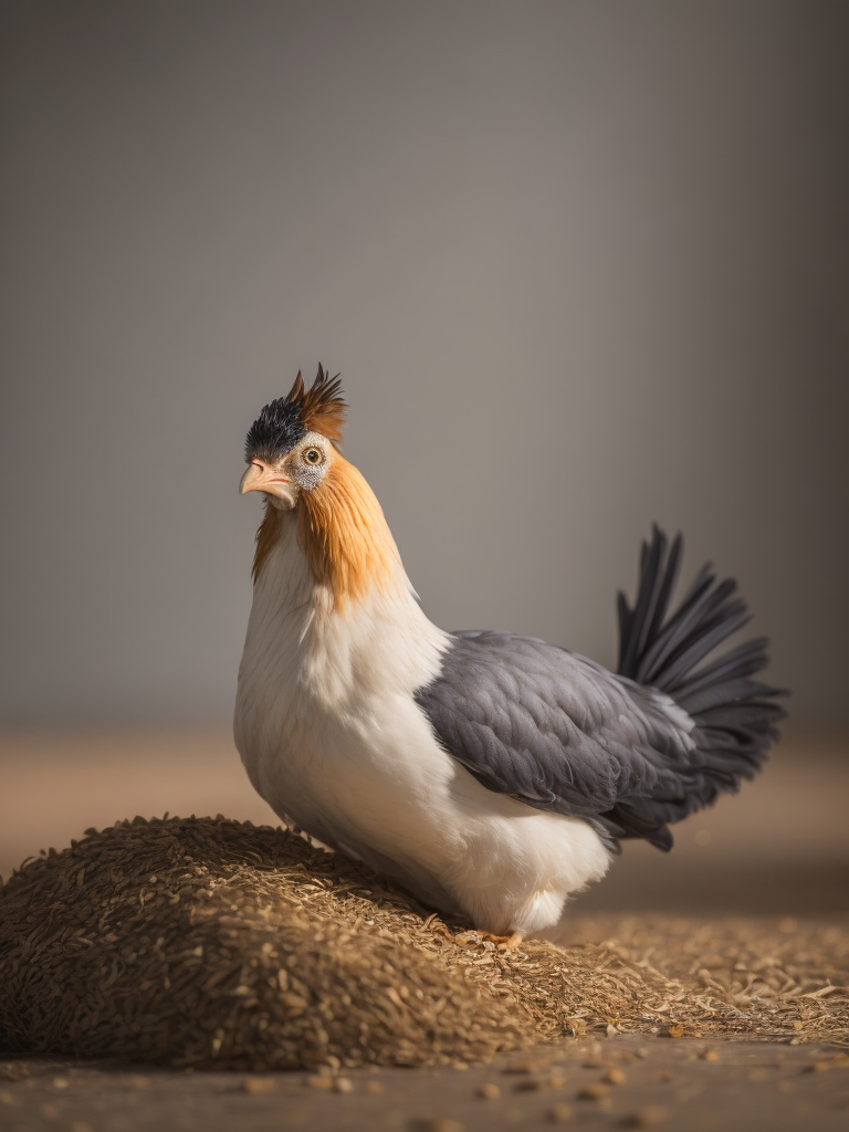 silkie bantam ( chicken) feeding on small pile of grain. plain background