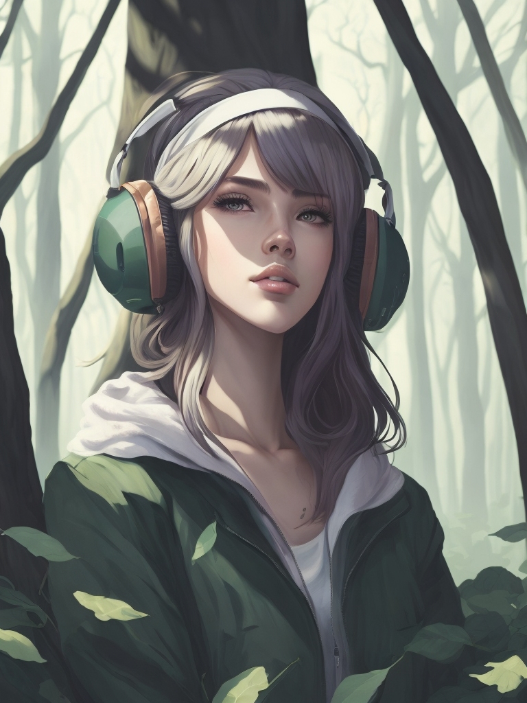 Beautiful girl listening to relaxing music with her headphones that takes her to a surreal forest, art by ilya kuvshinov and wlop, intricate, sharp focus, trending on artstation