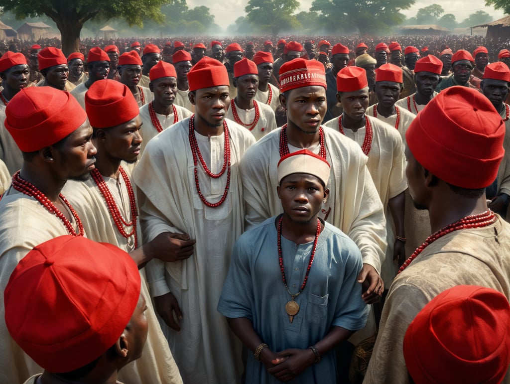 Create the image of a young handsome Nigerian Prince standing in the midst of several elders, the elders are wearing red caps with red beads on their necks, they are discussing