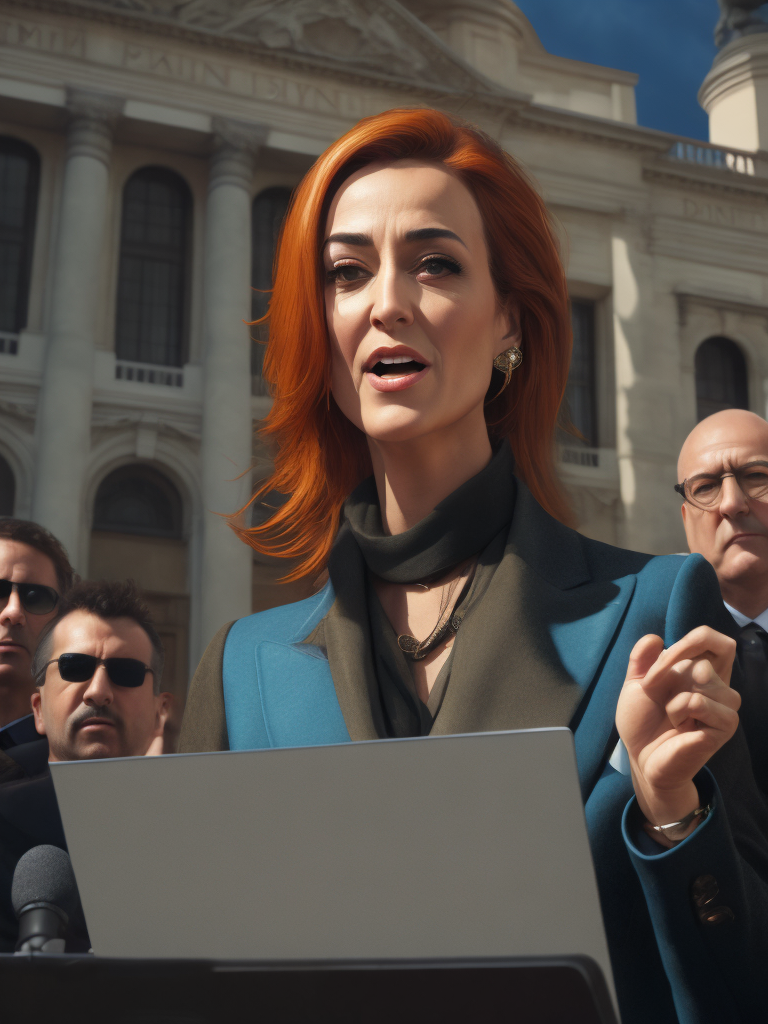 A photorealistic illustration of the Italian prime minister, Giorgia Meloni, making a speech in front of the Italian Parliament. She is speaking about the decision to leave the BRI, and the crowd is cheering in the background.