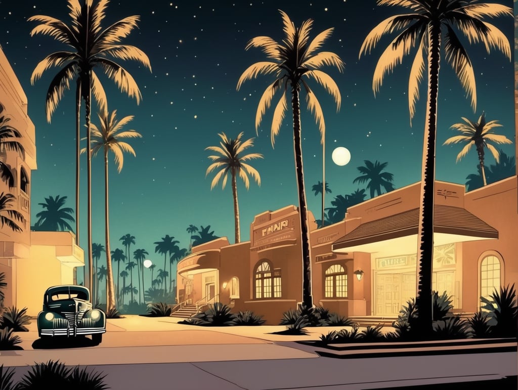 pulp comic style of a 1940's Hollywood, nighttime, spot lights, palm trees