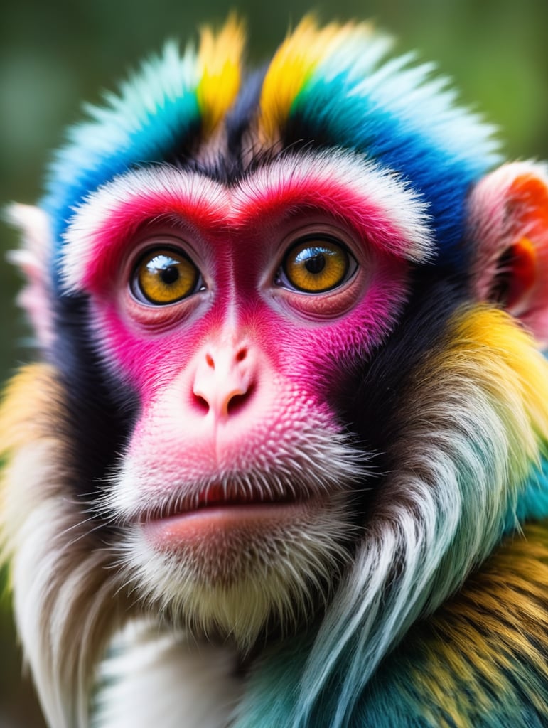 poto portrait makhluk berwarna-warni yang aneh tapi mempesona yang mana manusia akan menyebutnya monyet purba jika mereka pernah melihatnya, makhluk ini memiliki mata besar yang tidak normal tetapi sangat lucu, memiliki campuran bulu berwarna cerah dengan expresi seolah melamun