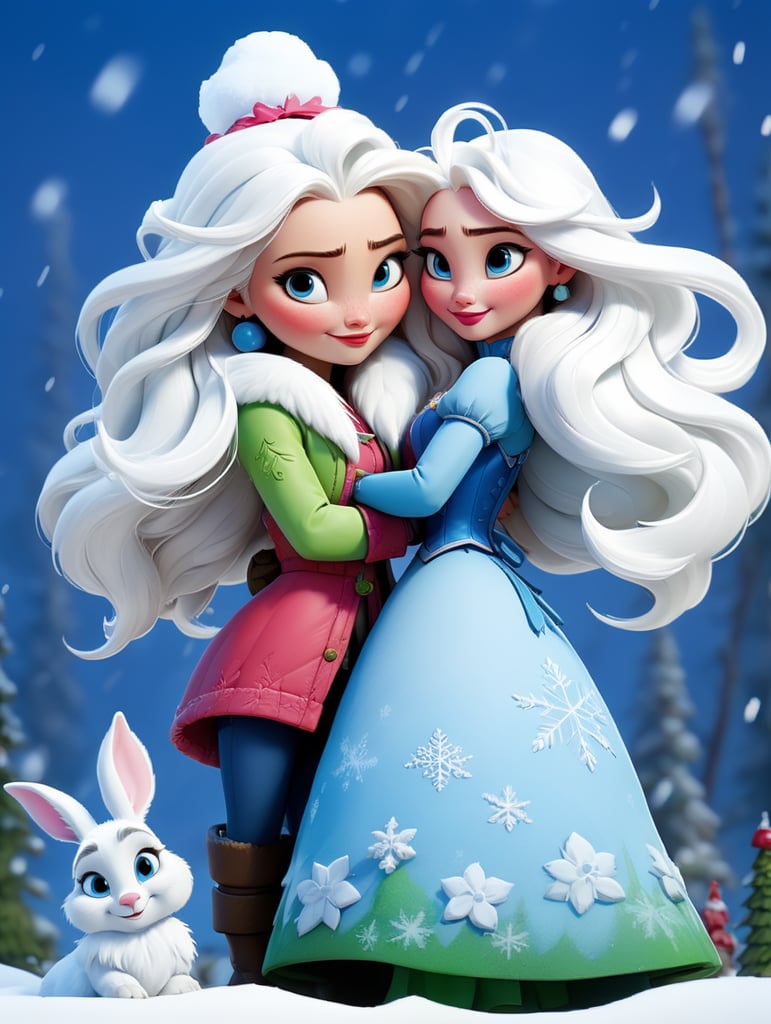 New year's card, Santa Claus and Snow Maiden, rabbit, deere, by Justin Gerard and Greg Rutkowski