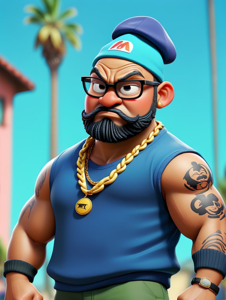 a simple Logo art of A furious, angry furious black crazy fat man ,box braids and cap, sunglasses ,gang member, gangsta 1990's, arms crossed , Loose clothes, royal bandana in your face and baseball jersey , Golden chain ,ultra realistic, intricate details , real colors , 8k , uhd, comic, gta san andreas style , A hood ghetto behind the central image rounded bandana background , Dragon Ball Z style vaporwave