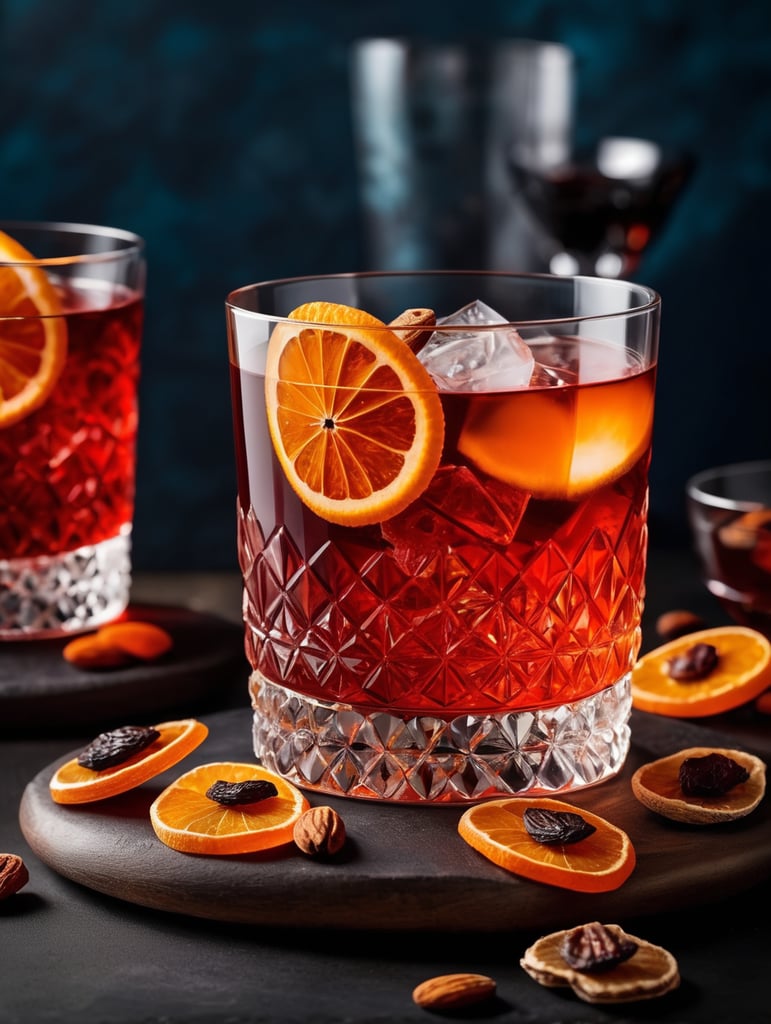 Negroni Cocktail with dried fruit slices