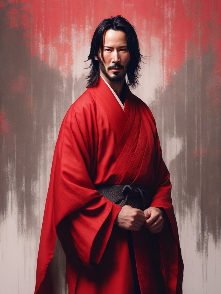 Portrait of Keanu Reeves as a samurai in a red kimono, serious look, detailed background in an oriental style, bright saturated colors