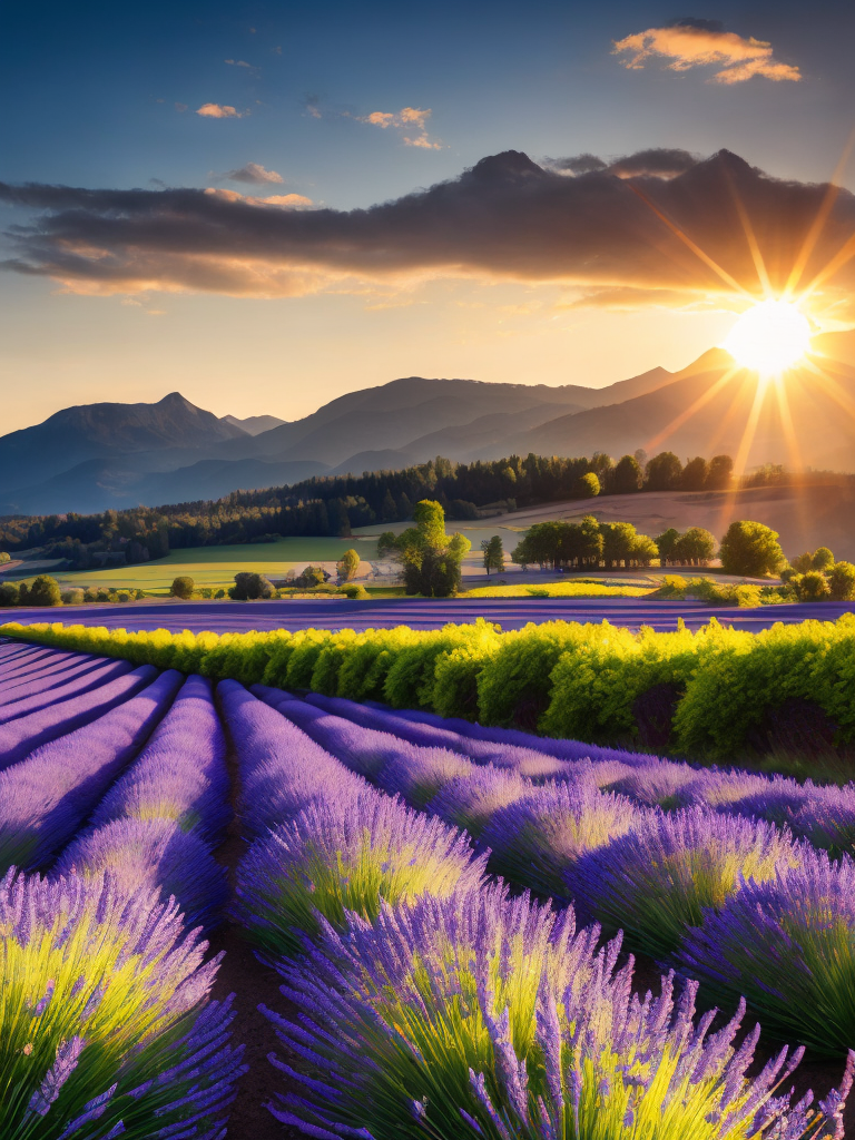 Lavender field, mountains on the horizon, bright colors, sunny weather, the sun is shining, high quality details
