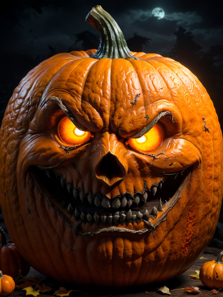 Halloween pumpkin photorealistic illustration, scary, dark