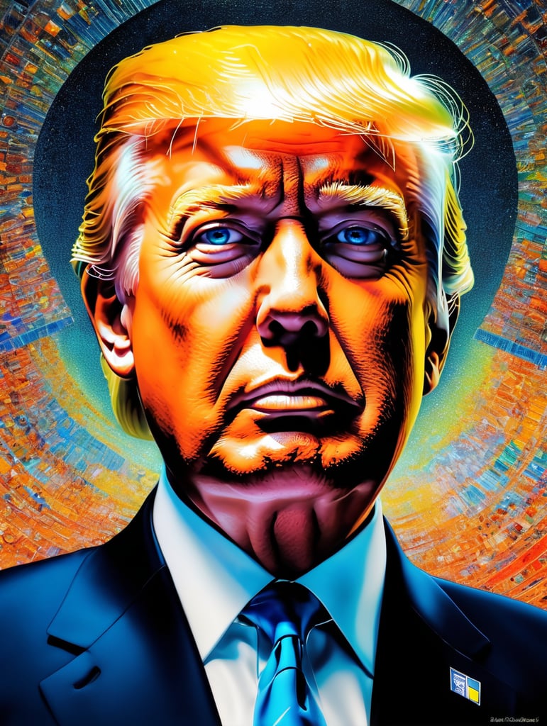 Fine Art Fluorescent Pointillism Sci-fi Surrealism Photography, Futuristic Donald Trump, Portrait made of hyper-detailed transparent frosted plastic, Moebius Bernard Buffet, van Gogh, Vermeer, Erin Hanson, Pierre Soulages, National Geographic, textured depth, vibrant fluorescent hyperrealism photo