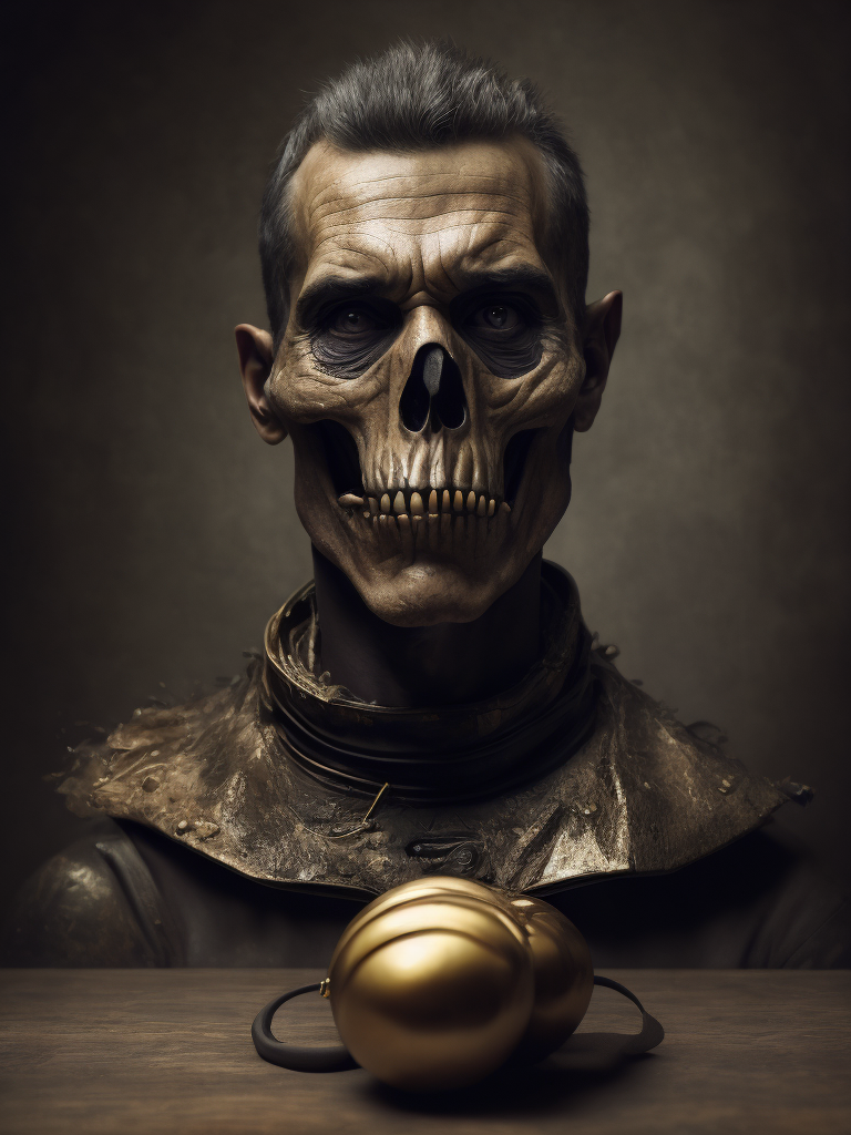the man with a hollow face and a metallic jaw, in the style of realistic still lifes with dramatic lighting, gothpunk , made of torn latex, dark conplementary colors, photographically detailed portraitures, cynical, macabre, theatrical gestures