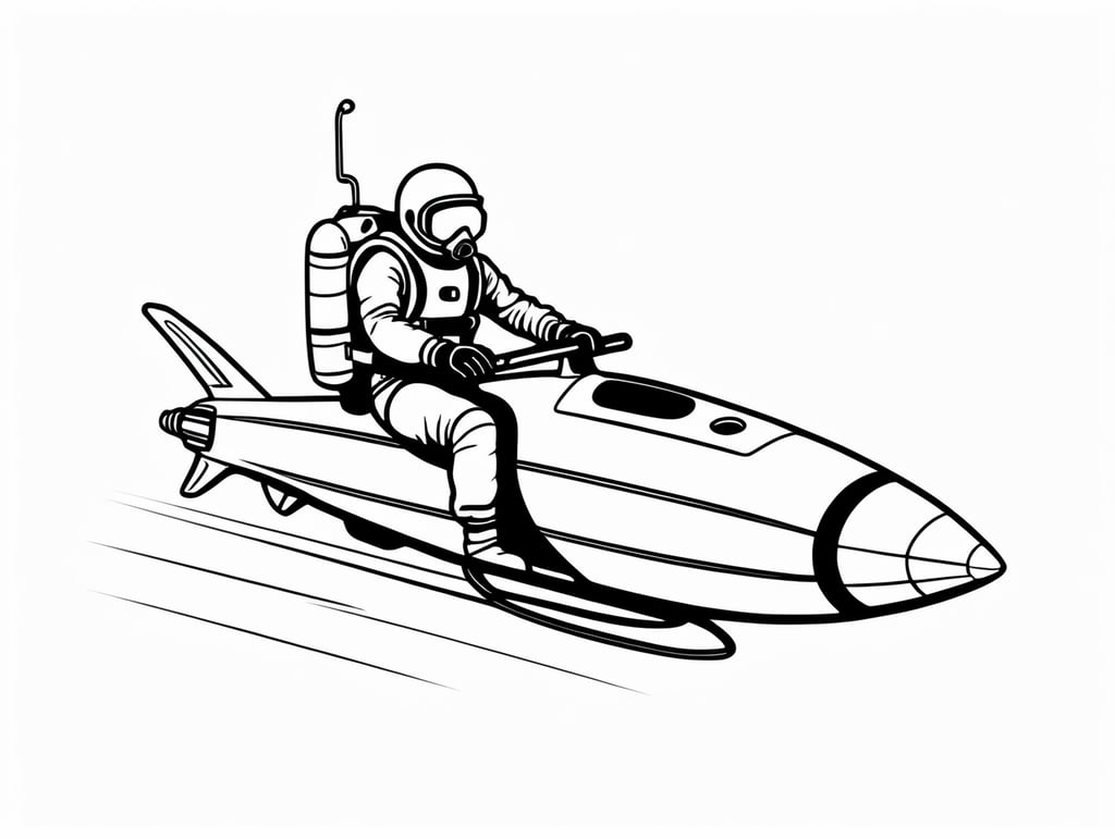 scuba diver riding on a rocket, in the style of basic simple black line art vector comic art on white background