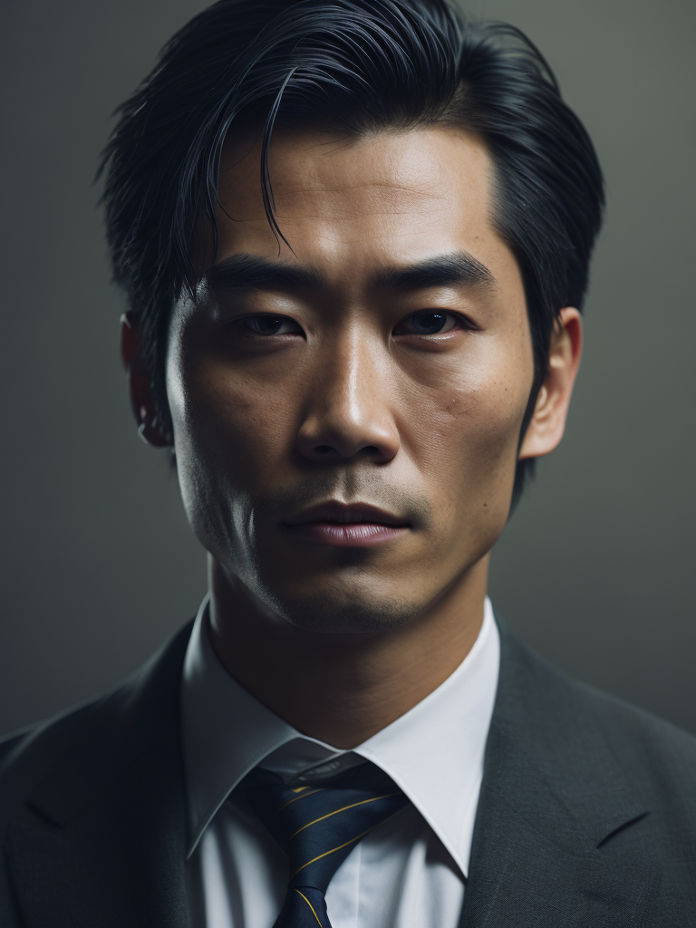 Portrait of a Chinese mafia boss in formal suit, scar on a face