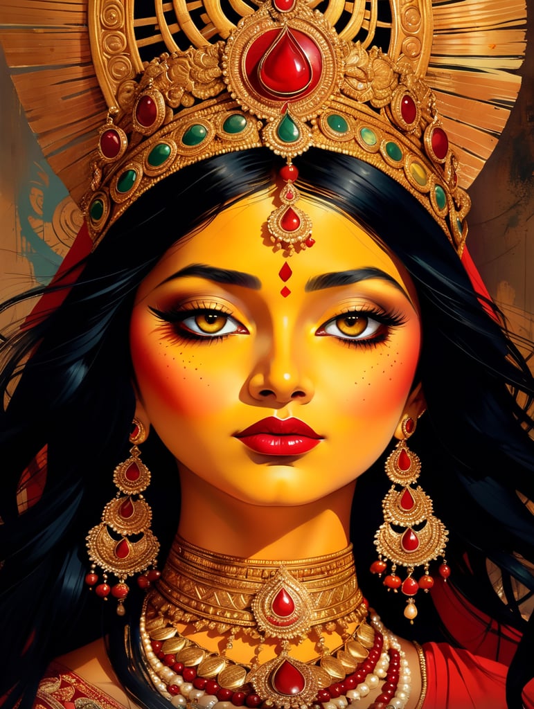 Maa Durga Bengal, rich beautiful red and golden sari, bright makeup, golden jewelry, long black hair, brown eyes, red lips.