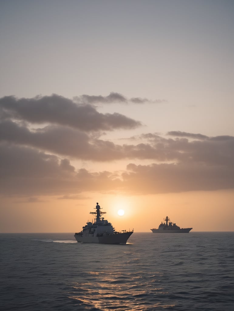 Sunrise in ocean with Indian navy