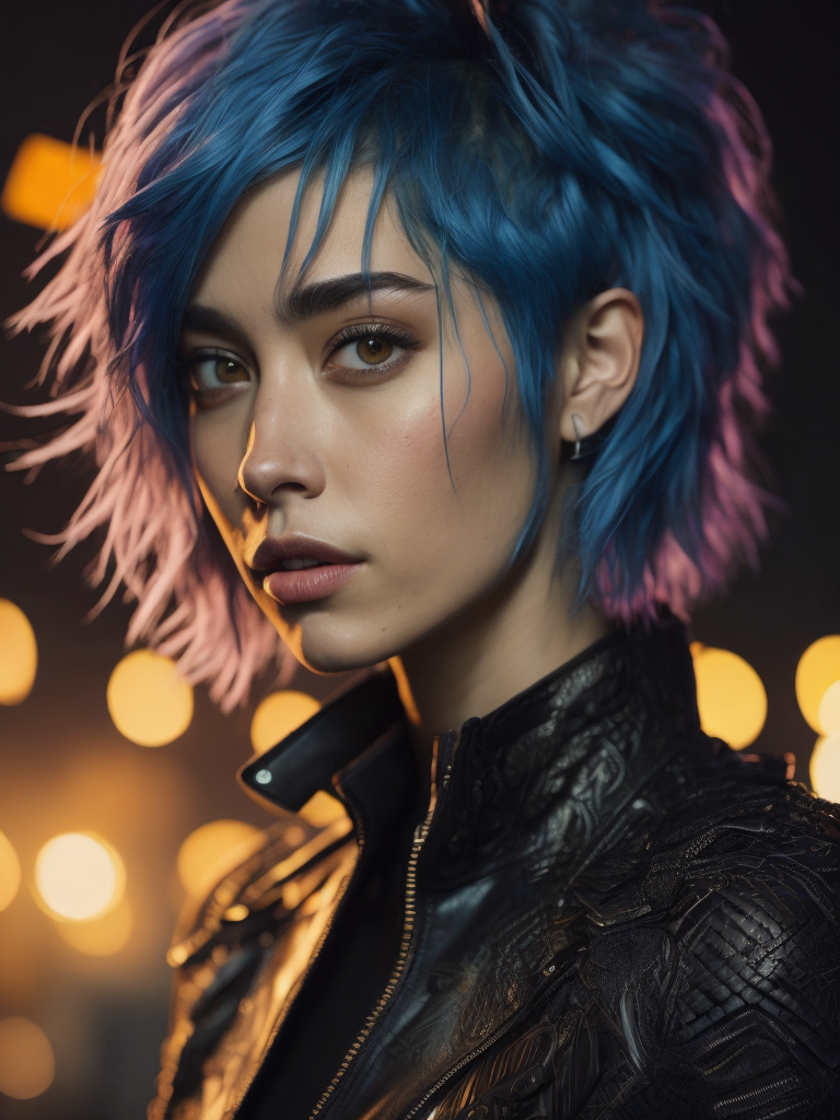 official art, unity 8k wallpaper, ultra detailed, beautiful and aesthetic, masterpiece, best quality, (zentangle, mandala, tangle, entangle), 1girl, extremely detailed, dynamic angle, elegant, atmospheric, ecstasy of life, mechanical arm, neon lights, (black leather pants), (black leather jacket:1. 3), midriff, l, (short messy blue hair:1. 6),