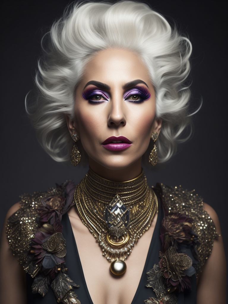 Lady Gaga a 70yr old singer with bright dramatic make-up and wild hair, beautiful pores and skin texture, detailed high resolution image, grey hair, Dior makeup, award winning fashion editorial image