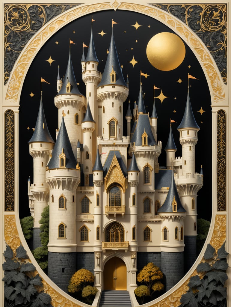 A fairy tale castle architecture in a two-tone gold and black on cream letterpress, with traditional geometric patterns shapes flamboyant frame design, in the style of William Morris