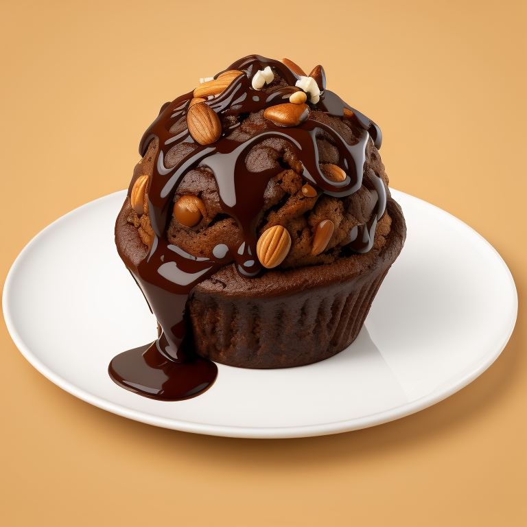 chocolate muffin with nuts on a plate, focus on details, high quality photo