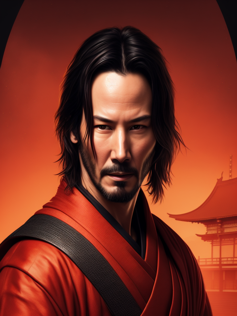 Portrait of Keanu Reeves as a samurai in a red kimono, serious look, detailed background in an oriental style, bright saturated colors