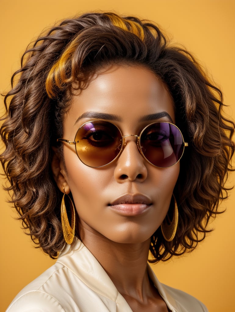 African woman with afro hair style wearing sunglasses, fashion shoot, only face, yellow background, studio photography, magazine cover, ultra bright colors