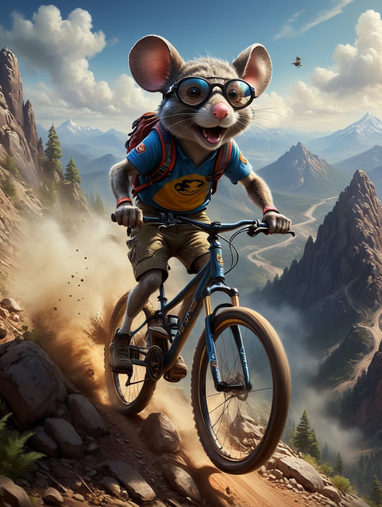 Um rato estiloso de óculos de ciclista descendo a montanha de mountain bike em alta velocidade levantando poeira estilo Disney pixar