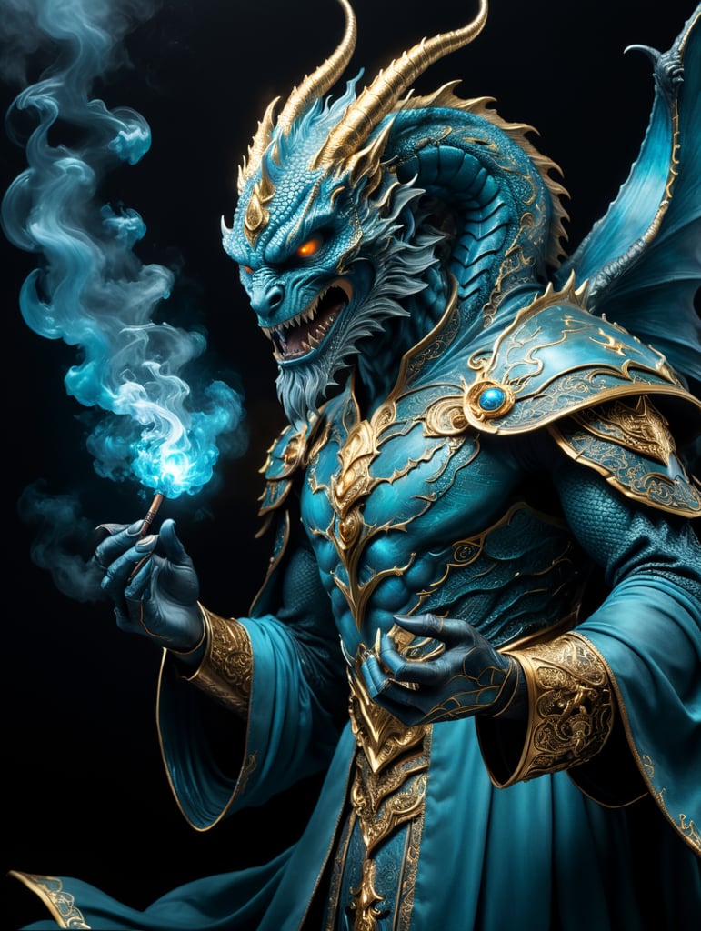Earthy [glowing blue and dark cyan duotone] and [metallic gold] [a master illusionist wizard conjuring a phantasmal dragon out of smoke in his palm ], blended airbrush(ink gel) art and alcohol fine pen art, black background , 500 mp UHD,precise , sharp focus , no blur , extraordinarily magically realistic --ar 3:2 --style raw