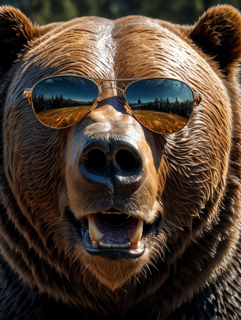 Grizzly Bear face close up with reflective sunglasses on