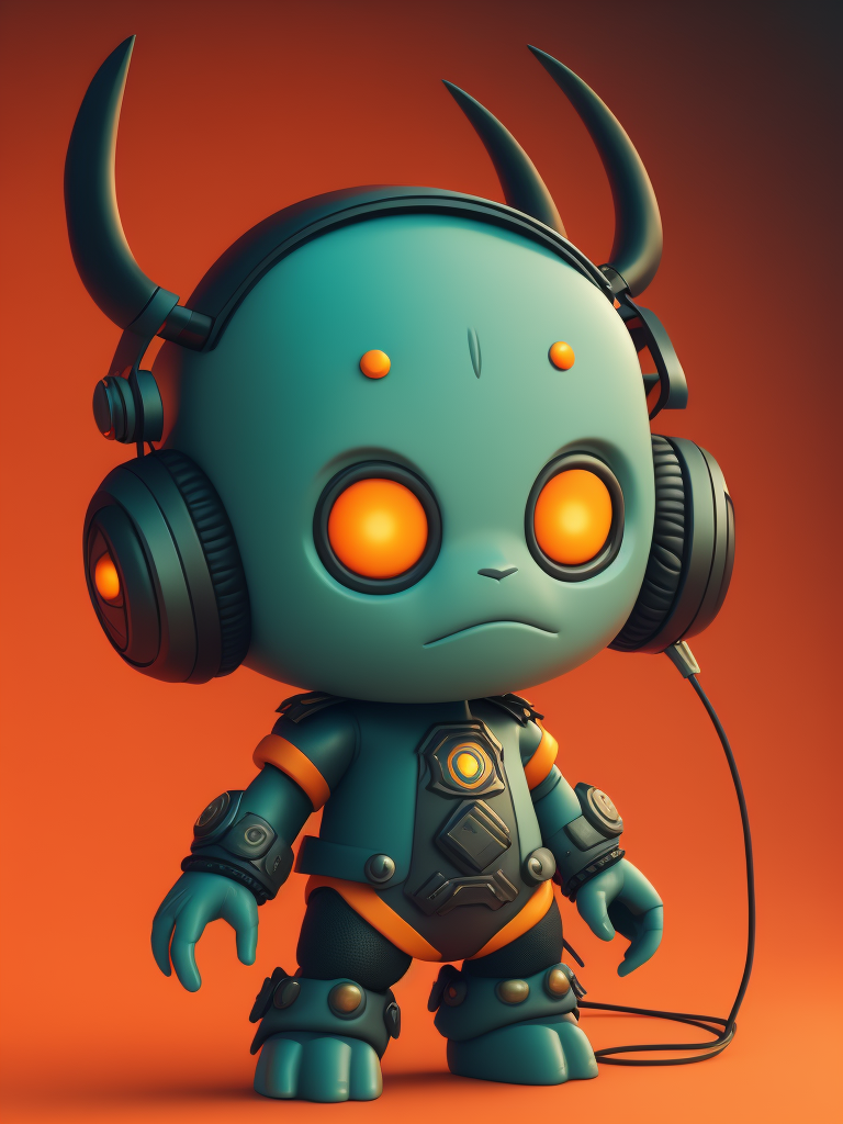 game character monster, a cute monster character with headphone, orange color, funko pop, vibrant gradient background,