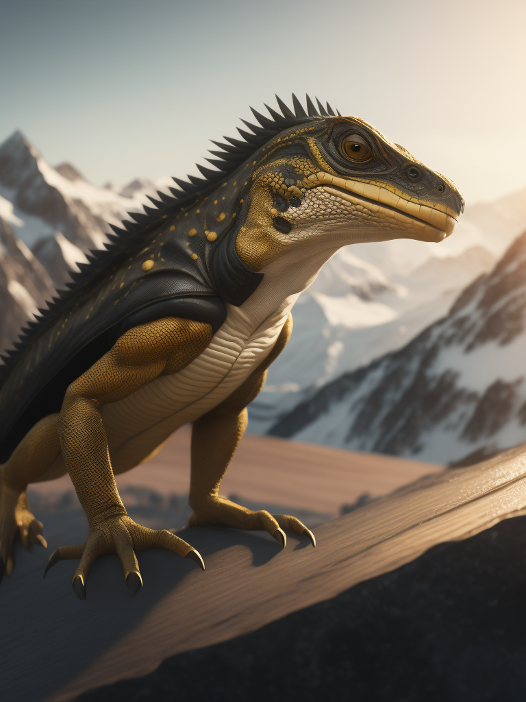 Dramatic Golden lizard snowboarding on top of a mountain. Black snowboard, blizzard in background