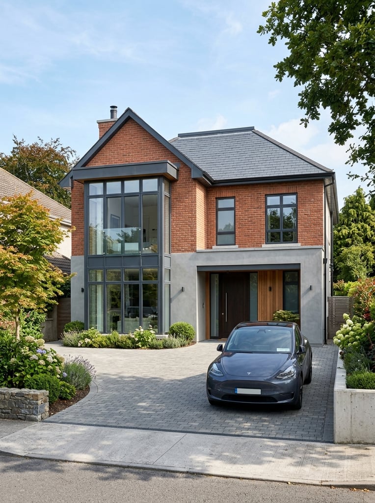 modern two-story house, red brick upper facade, smooth grey ground floor, double-height bay window, dark mullioned windows, slate pitched roof, paved driveway, bright daylight, architectural photography