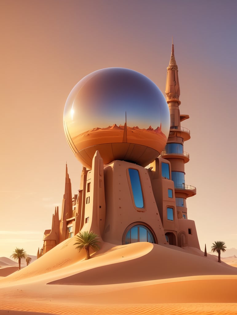 desert background light brown sand with futuristic building in sunrise,portrait size, 4k —ar 21:9
