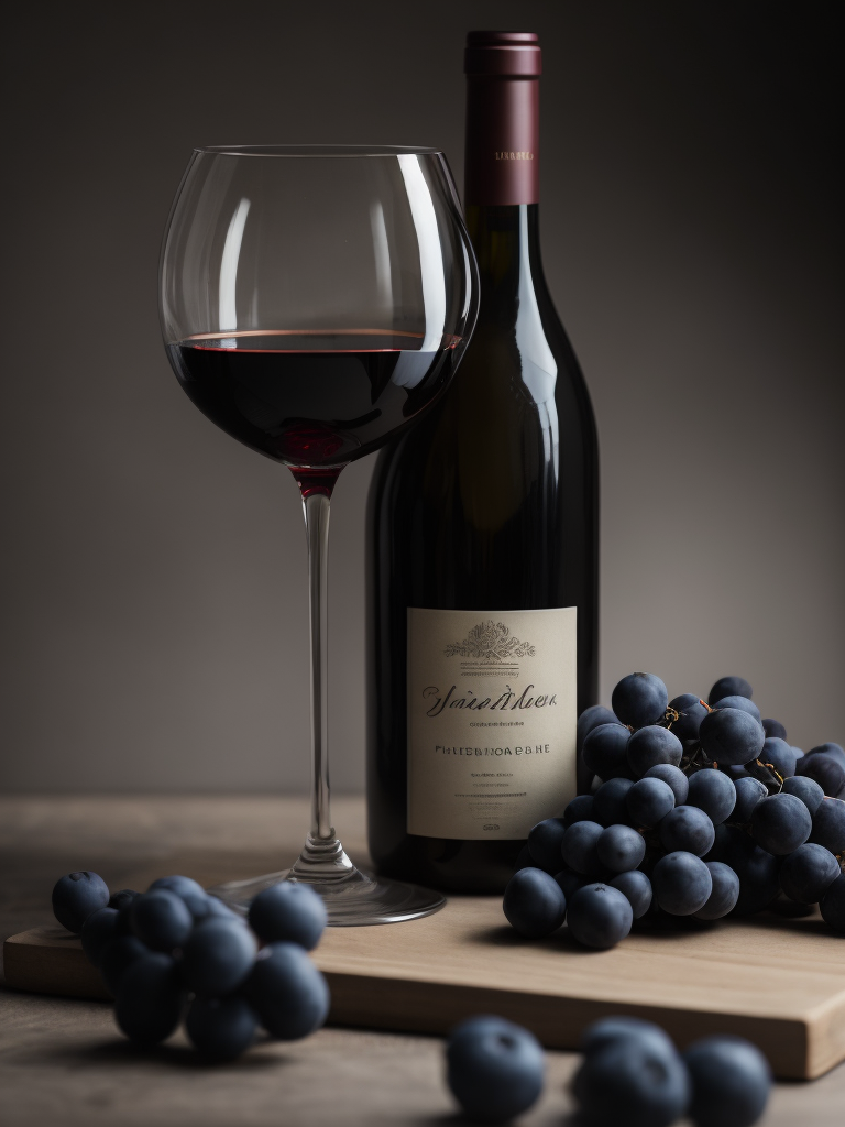 wine bottle with glass of dark red wine, grapes