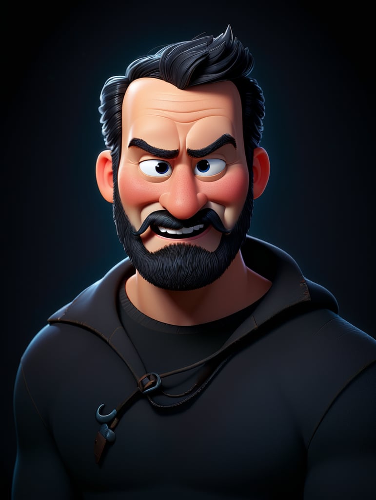 happy smile, black beard, cartoon 3d