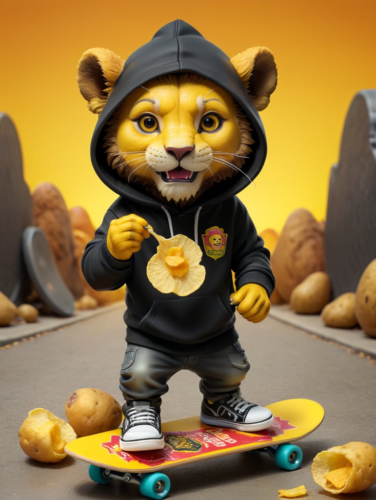 a cute mascot lion character eating potatoe chips, wearing black hoodie, on a skateboard, potatoe yellow color, funko pop, vibrant gradient background,