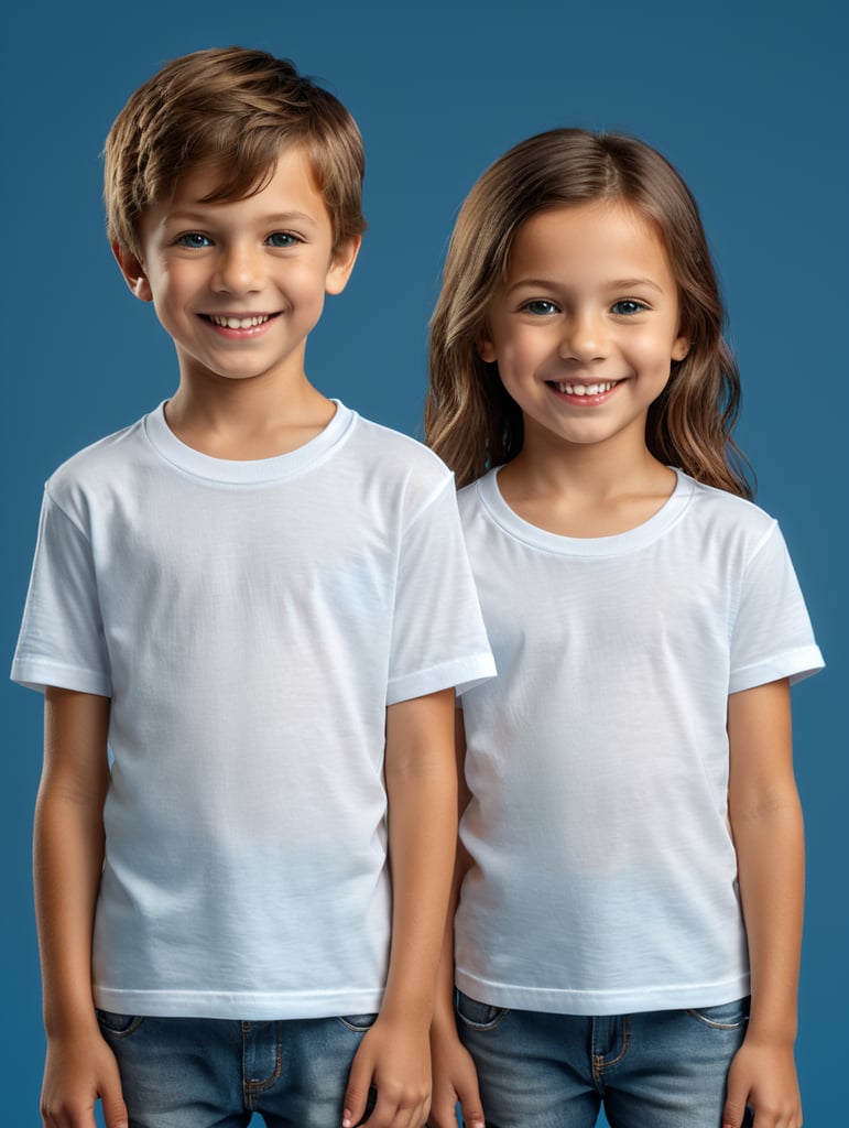 a boy and girl wearing white t-shirts, standing in front of blue background, blank shirts no print, 12 years old smiling toddlers, photo for apparel mock-up