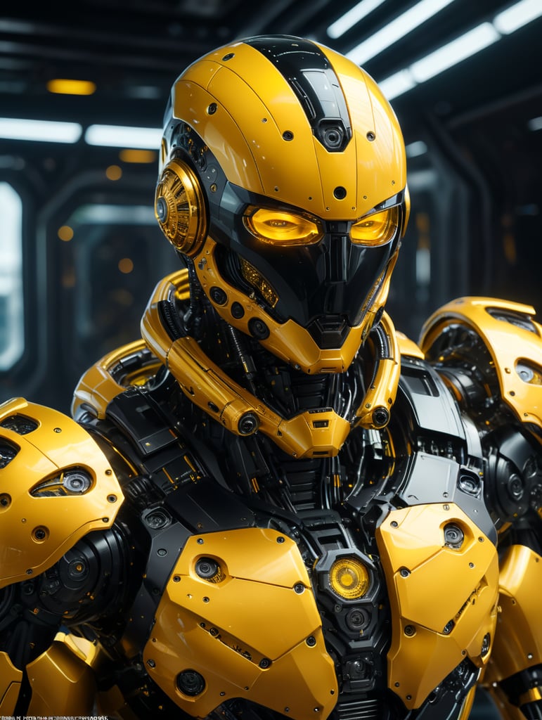 Superluminal 8K cinematic yellow and black thermalplastic futuristic hyperfiber mechanics intergalactic glass binary war ship, in the spacecore, with a (longshot view )((of a futuristic spaceforce intergalactic detailed mechanism displayed in glass binary thermoplastic cyborg humanoid robot)) at the pilots controls center