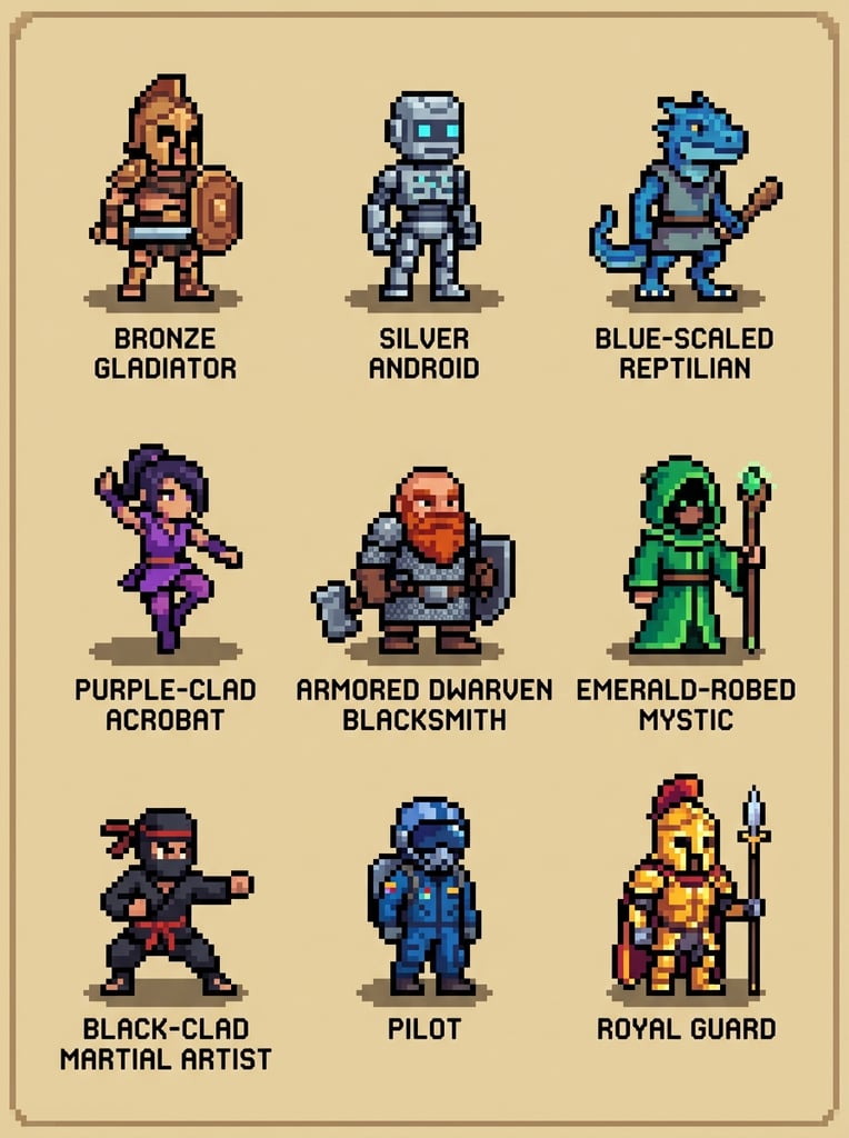 Nine minimalist pixel-art character sprites form a three-by-three grid on a flat beige background. The blocky avatars represent a diverse roster of fantasy and sci-fi archetypes with distinct, vibrant color palettes. The top row features a bronze gladiator, a silver android, and a blue-scaled reptilian. The middle row displays a purple-clad acrobat, an armored dwarven blacksmith, and an emerald-robed mystic. The bottom row presents a black-clad martial artist, a pilot in a blue flight suit, and a royal guard in ceremonial gold armor. Subtle drop shadows ground each brightly colored figure.