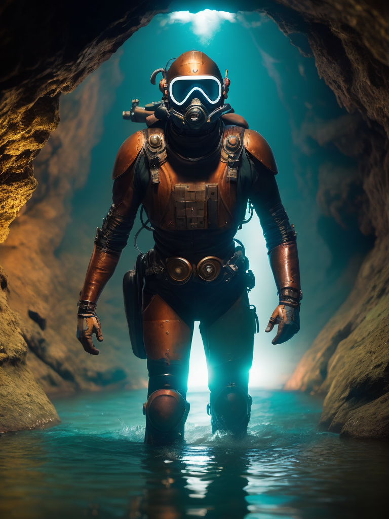 Man in a very old robotic scuba suit year 1890 entering in the water of an underground cave river, Metallic accents, copper, copper patina, Dramatic Lighting, Depth of field, Incredibly high detailed