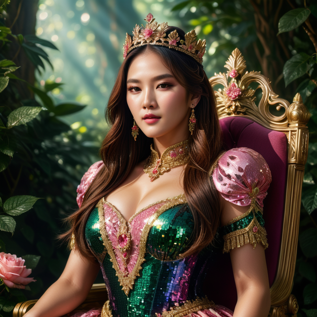 photo of a beautiful korean female queen who looks like Lalisa Manoban, sitting on a throne in a corner of the rose garden in a cool tropical forest, detail of her beautiful chubby face with perfect make-up, wearing a luxurious holographic sequin dress with floral patterns, straight black-pink ombre hair, wearing a crown, body detail perfectly proportional, perfect lighting, perfect anatomy, photorealism, hyperdetailed, hyperrealistic, masterpiece, HD 8K resolution