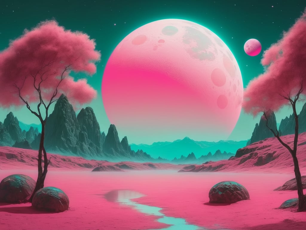 neon pink and teal planet landscape, two moons in the sky
