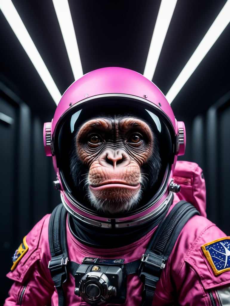 A chimpanzee going to space, wearing pink color astronaut suit, Vivid saturated colors, Contrast light, studio photo, professional photo, Detailed image, detailed face