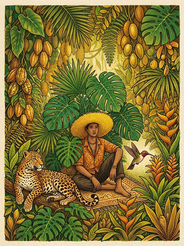 Stylized tropical illustration with heavy stippled texture. A figure in a wide yellow hat sits among giant emerald leaves and golden pods. A spotted leopard and hummingbird rest nearby in a warm palette of green, yellow, and brown.