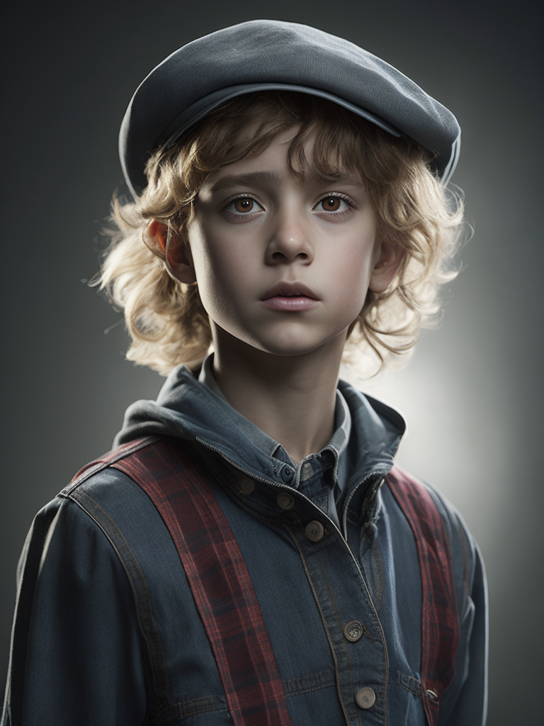 Young boy wearing a newsboys flat cap, curly blonde hair, deep amber eyes, overalls, red and white plaid button up shirt, hyper realistic, photorealism,