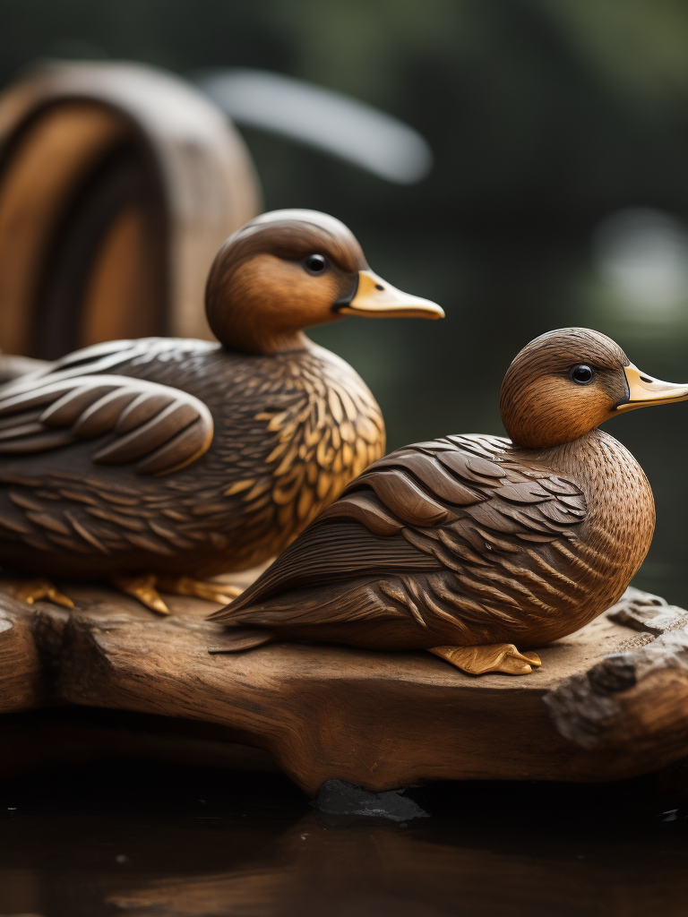 a deep carved wooden duck, sharp on details