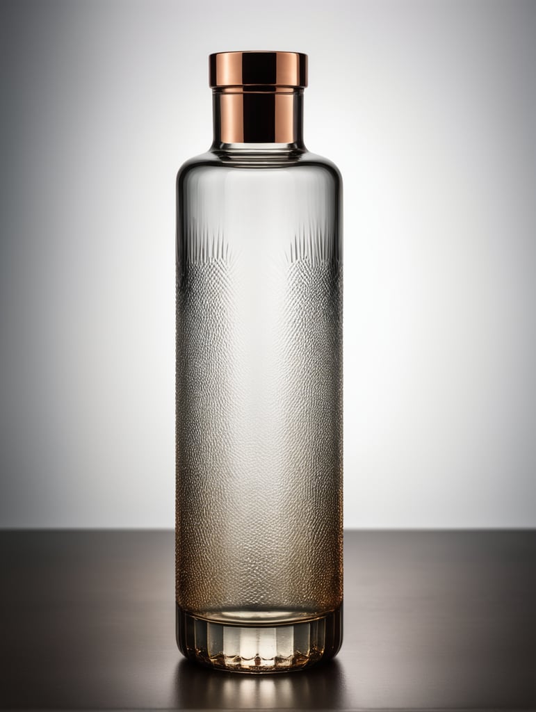 Botella alta minimalista cilindrica con textura de vidrio cortado de 750 mililitros con 39 cm de altura, sin etiqueta con un difuminado negro que parte de la parte inferior. con liquido muy claro en un set de fotografía minimalista. tapon de cobre golpeado